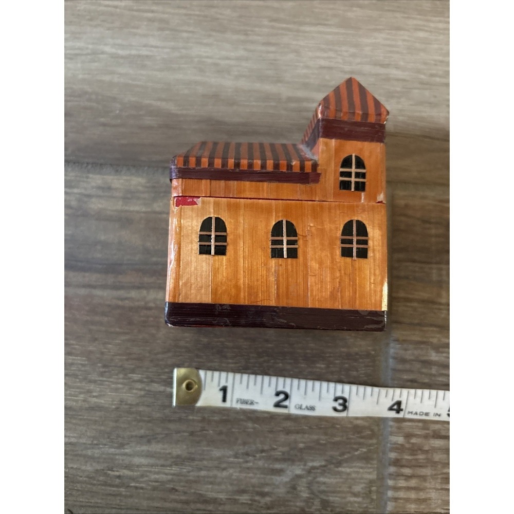 VTG Trinket/Jewelry Box Wheat Straw Balsa Wood Marquetry Victorian House